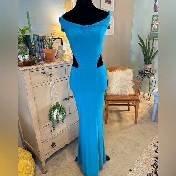 NWT Symphony Blue XS/S Dress Long BodyCon Side Cut Out Stretch Jersey Knit - Picture 11 of 11